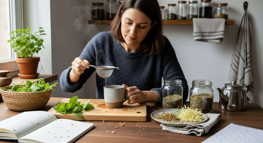 Nő teát készít gyógynövényekkel a hormonális egyensúly támogatására
