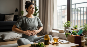Nő ül ablaknál meditálva gyógynövényekkel női méh erősítése