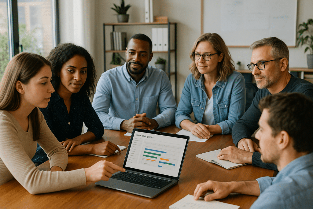 Modern iroda csapat szabadságnyilvántartás kezelése közben együttműködik