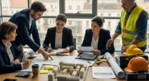 városfejlesztő társaságok szakmai támogatása: többgenerációs csapat tárgyal makett és terv fölött