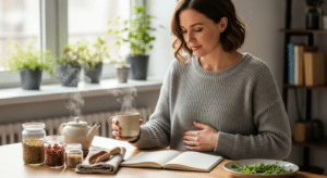 Nyugodt nő teázik, természetes támogatás a méh simaizmainak összehúzódása