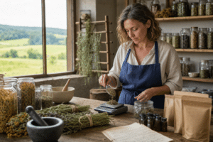 HerbClinic cikkek: nő gyógynövényeket mér vidéki feldolgozóasztalnál