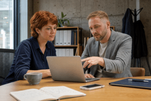 domain név regisztráció konzultáció két szakemberrel modern coworking irodában